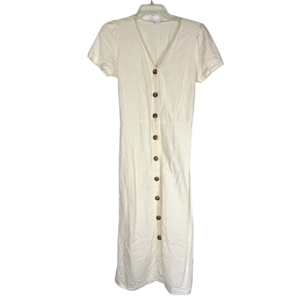 Old Navy Midi Dress Size XS Linen Blend Beige Cream Button Front Boho Vacation